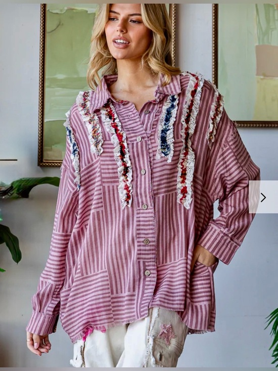Oli & Hali Tops - 110. NEW Oli & Hali Striped Pink Button-Front Women’s Shirt with Fringe Detail